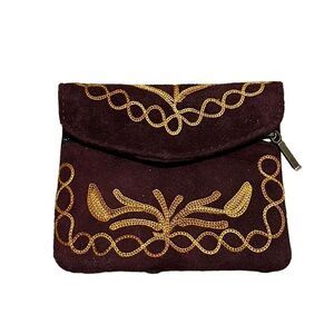 Change Purse Small Mini Pouch Maroon Gold Soft Embroidered Floral India